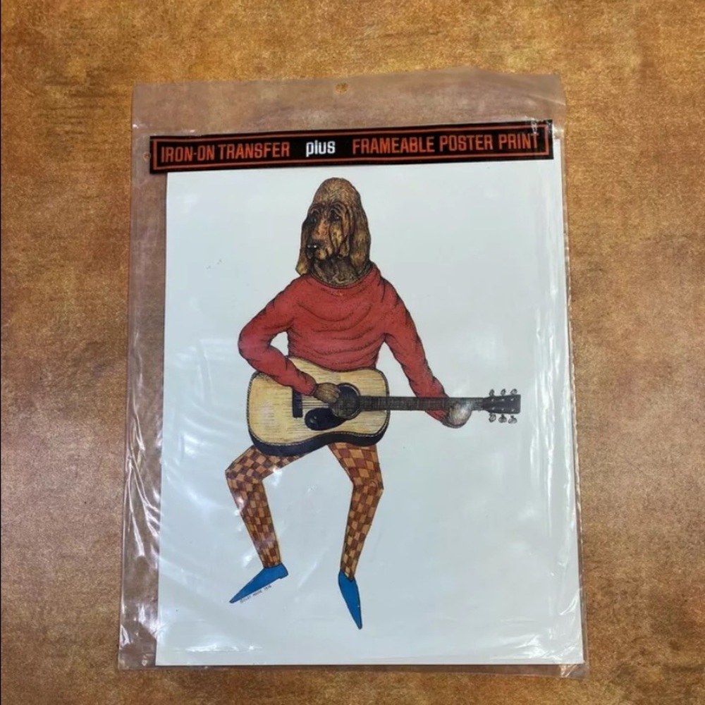 VTG Hound Dog Playing Guitar Iron On Transfer